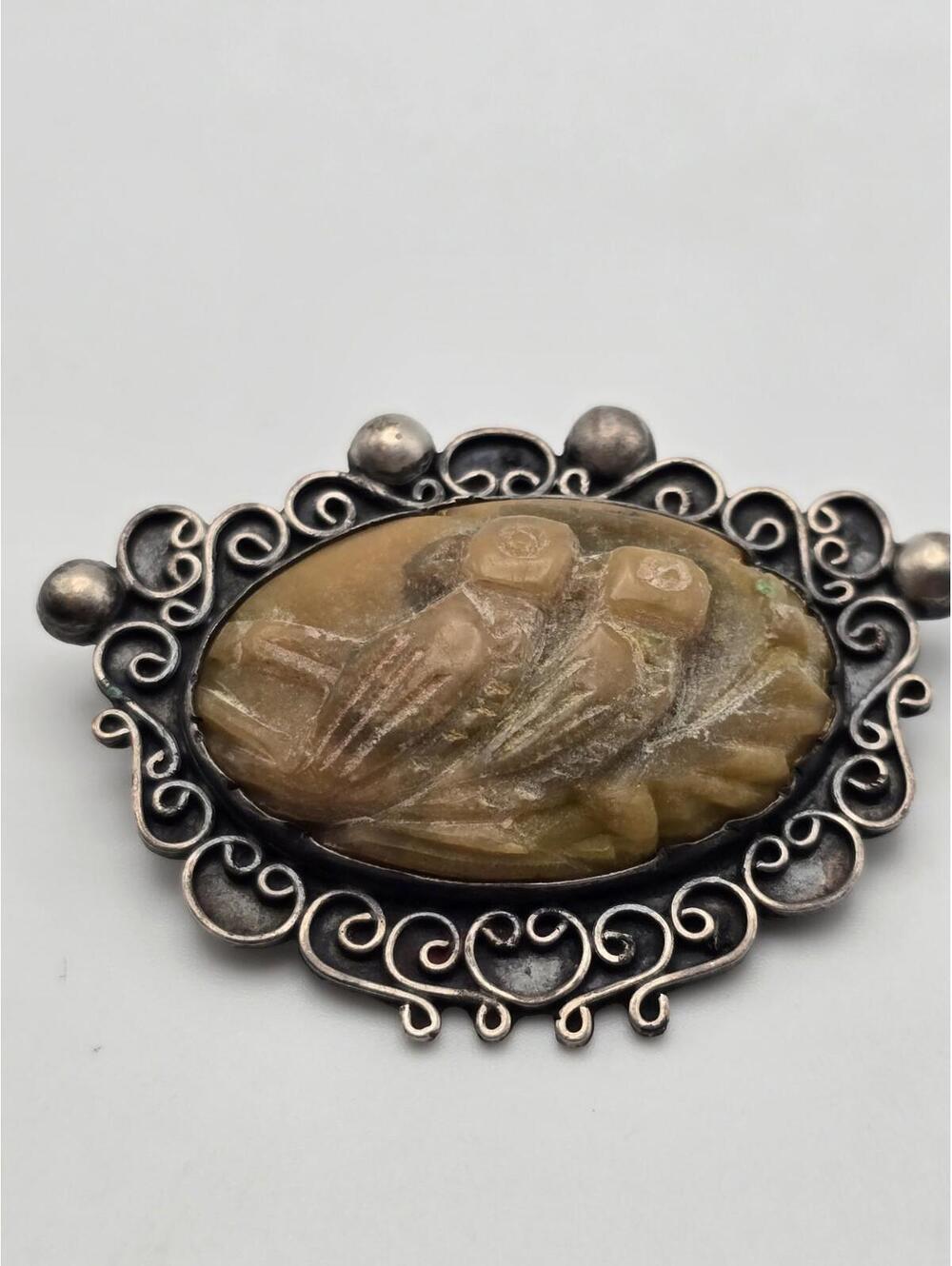 Vintage Mexican Silver Brooch – Hand-Carved Two Birds Motif